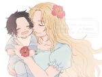  1boy 1girl ^_^ baby black_hair blonde_hair blue_dress closed_eyes commentary dress flower freckles hair_flower hair_ornament hibiscus hiiragi_tokiwa holding holding_flower long_hair mother_and_child mother_and_son one_piece parent_and_child portgas_d._ace portgas_d._rouge puffy_short_sleeves puffy_sleeves short_sleeves simple_background smile twitter_username white_background 