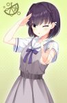  1girl :p ;p alternate_costume alternate_eye_color arm_up asagi_nanami belt black_hair blush bob_cut bow braid chest_bow closed_mouth commentary_request cowboy_shot crossed_bangs dress eyes_visible_through_hair green_background grey_belt grey_dress hair_behind_ear hair_between_eyes hair_intakes hair_ribbon highres limelight_lemonade_jam medium_hair mole mole_under_eye nabari_anju one_eye_closed outstretched_arm pinafore_dress polka_dot polka_dot_background purple_bow ribbon sailor_collar sailor_shirt salute school_uniform serafuku shirt short_sleeves side_braid simple_background sleeveless sleeveless_dress smile solo tongue tongue_out v white_ribbon white_sailor_collar white_shirt yellow_eyes 