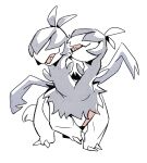  artisminerva claws covered_eyes fangs greyscale highres monochrome multiple_heads no_humans open_mouth pokemon pokemon_(creature) simple_background solo spot_color tail white_background zweilous 