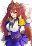  1girl aiguillette animal_ears blue_bow blue_jacket blue_skirt blush bow breasts brown_hair center_frills commentary_request daiwa_scarlet_(peak_blue)_(umamusume) daiwa_scarlet_(umamusume) epaulettes fang frills hair_intakes highres horse_ears horse_girl horse_tail jacket juliet_sleeves large_breasts long_hair long_sleeves looking_at_viewer open_mouth puffy_sleeves red_eyes shirt skirt smile solo suuyu_siba tail tiara twintails umamusume very_long_hair white_shirt 