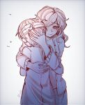  1boy 1girl antenna_hair chain commentary_request highres hospital_gown hug mother_and_child mother_and_son myohn omori parent_and_child sunny's_mother_(omori) sunny_(omori) 