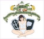  1girl absurdres animal_on_shoulder artist_request banana barefoot black-framed_eyewear black_hair bob_cut breasts collarbone crop_top drawfag eye_of_providence food freedom_of_russia_legion fruit fruit_request groin hair_ribbon hamster hamster_on_shoulder head_tilt highres lerochka medium_hair navel_peek on_ground onion original panties ribbon round_eyewear russian_anti-war_flag russian_text russian_volunteer_corps russo-ukrainian_war sitting small_breasts smile solo tank_top translation_request underwear white_panties white_tank_top 