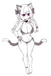  1girl alternate_costume animal_ear_fluff animal_ears barefoot bikini bow braid breasts cat_ears cat_tail cleavage extra_ears fang full_body greyscale hair_bow highres kaenbyou_rin large_breasts long_hair looking_at_viewer monochrome multiple_hair_bows multiple_tails navel nekomata open_mouth pointy_ears rampa93 red_eyes side-tie_bikini_bottom simple_background skin_fang smile solo spot_color stomach swimsuit tail toes touhou twin_braids two_tails 