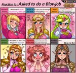  6+girls absurdres blannis blonde_hair blush breasts cleavage ear_wiggle english_commentary english_text highres large_breasts multiple_girls multiple_persona open_mouth pointy_ears portrait princess_zelda the_legend_of_zelda the_legend_of_zelda:_a_link_to_the_past the_legend_of_zelda:_ocarina_of_time the_legend_of_zelda:_skyward_sword the_legend_of_zelda:_the_wind_waker the_legend_of_zelda:_twilight_princess the_legend_of_zelda_(nes) watermark 