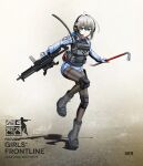 1girl absurdres black_pantyhose closed_mouth daewoo_xk9 girls'_frontline green_eyes grey_hair gun hair_between_eyes headset highres holding holding_gun holding_weapon kong_ing_yeo light_smile looking_at_viewer military_combat_uniform military_uniform original pantyhose solo submachine_gun tactical_clothes thighband_pantyhose thighs weapon 