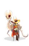  1girl arthropod_girl ascot belt black_eyes brown_chaps colored_skin cowboy cowboy_hat crossed_arms extra_eyes full_body green_belt hardbone_elder_(hollow_knight) hat hat_ornament highres holding holding_rope hollow_eyes hollow_knight hollow_knight:_silksong horned_mask hornet_(hollow_knight) horns horns_through_headwear jewelry leaning_on_animal long_sleeves mask necklace pin_(hollow_knight) red_poncho rope shirt simple_background white_background white_mask white_shirt yellow_ascot zmmm 