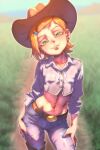  1girl absurdres amphyshira belt ben_10 boots brown_hat commentary contrapposto cowboy_hat cowboy_shot cowgirl_(western) cropped_shirt day earrings english_commentary green_eyes gwen_tennyson hair_ornament hairclip hat highres jewelry looking_at_viewer midriff orange_hair outdoors paid_reward_available pants parted_lips petite shirt short_hair smile solo stud_earrings thigh_boots white_shirt 