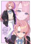  1girl :t arimura_mao black_jacket blue_ribbon blush brown_shoes closed_mouth collared_shirt commentary full_body gakuen_idolmaster grey_socks hand_in_pocket highres idolmaster jacket loafers long_hair looking_at_viewer multiple_views neck_ribbon open_clothes open_jacket pants pink_hair pout purple_background purple_eyes ribbon shinima shirt shoes smile socks sweater_vest twitter_username white_pants white_shirt yellow_sweater_vest zoom_layer 