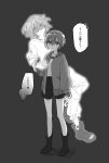  1boy 1girl amate_yuzuriha closed_mouth commentary_request gundam gundam_gquuuuuux highres holding jacket long_sleeves looking_at_viewer monochrome oitea_tya open_mouth pants red_hair shirt short_hair short_sleeves shorts shuji_ito simple_background speech_bubble translation_request white_shirt 