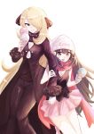  2girls :d age_difference black_coat black_eyes black_hair black_pants black_shirt blonde_hair closed_mouth coat commentary_request cynthia_(pokemon) dawn_(pokemon) food hair_ornament hair_over_one_eye hairclip hat highres holding holding_another's_arm holding_food holding_ice_cream holding_ice_cream_cone ice_cream ice_cream_cone l3cezb33403445 long_hair long_sleeves looking_at_viewer multiple_girls multiple_scoops open_mouth pants pink_skirt pokemon pokemon_diamond/pearl/platinum red_scarf scarf shirt skirt sleeveless sleeveless_shirt smile very_long_hair white_background white_hat yuri 