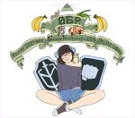  1girl absurdres animal_on_shoulder artist_request banana black-framed_eyewear black_hair blue_shorts bob_cut breasts collarbone drawfag eye_of_providence food freedom_of_russia_legion fruit fruit_request hair_ribbon hamster hamster_on_shoulder head_tilt highres lerochka medium_hair midriff_peek on_ground onion original purple_shirt ribbon round_eyewear russian_anti-war_flag russian_text russian_volunteer_corps russo-ukrainian_war shirt shorts single_bare_shoulder sitting small_breasts smile solo translation_request 