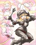  1girl armor bevor blonde_hair blue_eyes breastplate commentary completely_nude couter crossed_arms cuirass cuisses english_commentary faulds flanged_mace full_body gauntlets gothic_plate_armor greaves helmet henshin highres holding holding_mace holding_weapon ironlily looking_at_viewer mace magical_girl medium_hair multiple_views no_pupils nude open_mouth original pauldrons perlweiss_(ironlily) pink_background plate_armor poleyn rerebrace sabaton sallet shoulder_armor sparkle vambraces visor_lift weapon 