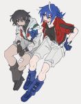  2girls 580aoi :d belt belt_buckle black_gloves black_shirt black_shoes blue_eyes blue_gloves blue_hair blue_shoes blue_socks bright_pupils buckle commentary_request d-16 energon energon_cube freckles full_body gauze_on_knee genderswap genderswap_(mtf) gloves grey_belt grey_shorts grey_socks hair_between_eyes hand_on_own_hip highres hood hood_down hooded_jacket humanization invisible_chair jacket long_hair long_sleeves looking_at_another loose_socks multicolored_hair multiple_girls open_clothes open_jacket open_mouth orion_pax red_jacket shirt shoes shorts simple_background single_hair_streak sitting smile socks streaked_hair transformers transformers_one white_jacket white_pupils white_shorts white_streaks yellow_eyes zipper_pull_tab 