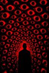  1other absurdres ambiguous_gender commentary english_commentary high_contrast highres horror_(theme) limited_palette monochrome original other_focus photonisdead red_theme silhouette too_many_eyes 