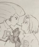  1boy 1girl black_gloves blush commentary_request couple crop_top earrings elbow_gloves gloves graphite_(medium) grey_gloves greyscale hair_slicked_back highres james_(pokemon) jessie_(pokemon) jewelry logo looking_at_another monochrome pokemon pokemon_(anime) pokemon_(classic_anime) pupaltia231 single_letter sketch sphere_earrings team_rocket team_rocket_uniform traditional_media 
