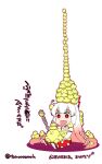  1girl animal_on_head arm_strap baby_animal bird bird_on_head bow chibi chick commentary_request drooling fujiwara_no_mokou gradient_hair hair_bow highres holding kurumizawa_taroh mouth_drool multicolored_hair mystia_lorelei mystia_lorelei_(bird) on_head open_mouth pants red_hair red_pants saliva simple_background sitting smile solo suspenders too_many too_many_chicks touhou translation_request white_hair 