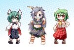  0-den 3girls abs absurdres antennae arm_ribbon ascot barefoot black_cape black_pants black_shirt black_skirt blue_eyes blush cape chibi chibi_only collared_shirt commentary_request full_body green_eyes green_hair grey_hair highres himemushi_momoyo holding holding_pickaxe kazami_yuuka long_hair long_sleeves looking_at_viewer midriff multiple_girls navel open_clothes open_vest orange_ribbon pants pickaxe plaid_clothes plaid_skirt plaid_vest polka_dot polka_dot_background red_cape red_eyes red_skirt red_vest ribbon shirt skirt skirt_set smile touhou two-sided_cape two-sided_fabric vest white_shirt wriggle_nightbug yellow_ascot 
