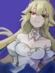 1girl absurdres archetype_earth arcueid_brunestud bare_shoulders blonde_hair blue_dress blue_ribbon breasts cleavage collarbone commentary detached_sleeves dress etemaruru fate/grand_order fate_(series) gold_trim hair_between_eyes high_collar highres large_breasts long_hair looking_at_viewer puffy_detached_sleeves puffy_sleeves purple_background red_eyes ribbon shade sidelocks single_hair_intake smile solo two-tone_dress white_dress white_sleeves 
