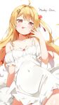  1girl :p ahoge bare_shoulders blonde_hair breasts brown_eyes commentary detached_sleeves double-parted_bangs dress hair_ornament hair_ribbon hand_up highres hololive hololive_dev_is kinako_mocchi_mochi long_hair musical_note musical_note_hair_ornament one_side_up orange_panties otonose_kanade panties panty_peek puffy_detached_sleeves puffy_short_sleeves puffy_sleeves red_ribbon ribbon short_dress short_sleeves simple_background sleeveless sleeveless_dress small_breasts solo spaghetti_strap tongue tongue_out underwear untranslatable_commentary v-shaped_eyebrows virtual_youtuber white_background white_dress 