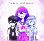  1girl 2boys alternate_costume antenna_hair basil_(headspace)_(omori) basil_(omori) black_eyes black_hair black_hat blue_hat blue_shorts blush brother_and_sister closed_eyes closed_mouth collarbone colored_skin commentary_request double-parted_bangs double_v expressionless flower flower_wreath green_hair hair_behind_ear hair_between_eyes hat head_wreath long_hair looking_at_viewer mari_(headspace)_(omori) mari_(omori) milestone_celebration multiple_boys neckerchief omori omori_(omori) open_mouth pleated_skirt purple_eyes purple_hair red_neckerchief red_skirt sakakien school_uniform serafuku short_hair shorts siblings sidelocks skirt sleeveless smile suspender_shorts suspenders v white_neckerchief white_skin 