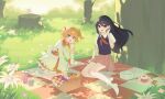  2girls absurdres ailu_elf apple ascot black_hair blonde_hair blue_eyes blue_sweater_vest bow bread bread_slice brown_eyes cake chinese_commentary collared_shirt commentary_request crossover day flower food fruit grapes grass hair_behind_ear hair_between_eyes hair_bow headdress highres holding_bread kneeling long_sleeves looking_at_viewer mari_(omori) medium_hair missing_wings multiple_girls neckerchief omori open_mouth orange_(fruit) outdoors picnic picnic_basket picnic_blanket pinwheel red_bow red_neckerchief red_skirt shirt short_sleeves skirt smile socks sunny_milk sweater_vest touhou tree tree_stump white_flower white_shirt white_socks wide_sleeves yellow_ascot 