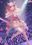  1girl :d absurdres ahoge breasts cleavage collar demon_girl demon_horns demon_tail detached_collar dress gloves glowstick heart heart_ahoge heart_hands highres horns ironmouse ironmouse_(birthday) long_hair looking_at_viewer momomoto82 multicolored_hair one_eye_closed penlight_(glowstick) pink_hair purple_eyes purple_hair shoes smile solo standing standing_on_one_leg streaked_hair tail thighhighs tiara twintails virtual_youtuber vshojo white_collar white_dress white_gloves white_horns white_shoes white_thighhighs 