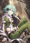  1girl anti-materiel_rifle bangs belt black_belt breasts cleavage closed_mouth commentary_request feet_out_of_frame from_side gabiran green_eyes green_hair green_jacket green_pants gun hair_ornament hairclip highres jacket medium_breasts medium_hair multicolored_clothes multicolored_jacket outdoors pants rifle ruins scarf shiny shiny_hair short_hair sinon sitting sniper_rifle solo sword_art_online translation_request two-tone_jacket weapon white_jacket white_scarf 