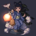 1girl :d animal animal_ears animal_request black_hair blue_kimono brown_sandals commentary_request floral_print fox_ears fox_girl fox_tail full_body grey_background holding japanese_clothes kimono kitsune kukuri_(mawaru) lantern long_sleeves mawaru_(mawaru) original print_kimono red_eyes sandals short_hair smile smoke solo tail tree watermark wide_sleeves zouri 
