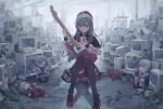  1girl absurdres bang_dream! bang_dream!_it's_mygo!!!!! beret black_capelet black_pantyhose blacky1266859 capelet closed_mouth commentary crt electric_guitar green_hair guitar hat highres holding holding_guitar holding_instrument instrument long_hair long_sleeves mortis_(bang_dream!) mortis_(costume)_(bang_dream!) pantyhose pantyhose_under_shorts red_hat red_shorts shorts sitting solo wakaba_mutsumi wakaba_mutsumi_(doll) yellow_eyes 