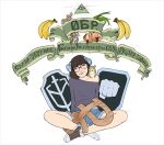  1girl absurdres animal_on_shoulder artist_request banana black-framed_eyewear black_hair blue_shorts bob_cut breasts collarbone drawfag eye_of_providence food freedom_of_russia_legion fruit fruit_request hair_ribbon hamster hamster_on_shoulder head_tilt highres lerochka medium_hair midriff_peek on_ground onion original purple_shirt ribbon round_eyewear ruble_sign russian_anti-war_flag russian_text russian_volunteer_corps russo-ukrainian_war shirt shorts single_bare_shoulder sitting small_breasts smile solo translation_request 