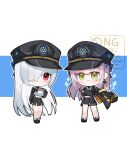  2girls :3 black_gloves black_jacket black_shoes blue_background blunt_bangs blush chibi choker cinderella_(nikke) commentary cosplay crossed_arms earrings fingerless_gloves full_body gloves goddess_of_victory:_nikke green_eyes grey_hair hair_ornament hair_over_one_eye hairclip jacket jacket_on_shoulders jewelry long_hair long_sleeves looking_at_viewer midriff momori_sensei multiple_girls navel neon_(nikke) neon_(nikke)_(cosplay) neon_(vision_eye)_(nikke) pleated_skirt red-framed_eyewear red_eyes semi-rimless_eyewear shirt shoes signature simple_background skirt smile split_mouth triangle very_long_hair watermark white_background white_hair white_shirt 