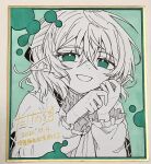  1girl blush commentary_request dated green_ribbon grin hair_between_eyes highres long_sleeves looking_at_viewer medium_hair mizuhashi_parsee mizuni_takenoko nail_(hardware) photo_(medium) pointy_ears ribbon scarf shikishi shirt signature smile solo touhou traditional_media translation_request upper_body 