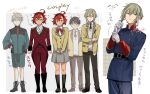  1girl 3boys adjusting_clothes adjusting_gloves ahoge aki_(neyuki41028) aldnoah.zero amifumi_inko amifumi_inko_(cosplay) aqua_eyes asticassia_school_uniform belt black_boots black_pants black_socks blazer blonde_hair blue_eyes boots bow bowtie brown_eyes brown_hair buttons coat commentary_request cosplay double-breasted earrings elan_ceres expressionless gloves green_eyes green_jacket green_shorts grey_hair grey_skirt gundam gundam_suisei_no_majo hanae_natsuki hand_on_own_hip height jacket jewelry kaizuka_inaho kaizuka_inaho_(cosplay) knee_boots kneehighs military military_uniform multiple_boys multiple_views necktie own_hands_together pants pleated_skirt red_bow red_bowtie red_coat red_hair red_necktie red_pants school_uniform short_hair shorts skirt slaine_troyard slaine_troyard_(cosplay) smile socks suletta_mercury suletta_mercury_(cosplay) sweater sweater_under_jacket tassel tassel_earrings thick_eyebrows voice_actor_connection white_gloves 