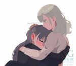 2girls black_shirt blue_eyes blush ceras_yanagida_lilienfeld closed_eyes closed_mouth edel_note grey_hair hand_on_another's_head highres hug katsuragi_izumi long_hair love_live! love_live!_hasu_no_sora_jogakuin_school_idol_club matsui_ibuki multiple_girls shirt simple_background smile twitter_username watermark white_background white_shirt wolf_cut yuri 