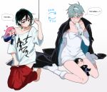  2boys 2girls alien_stage black_coat black_dress black_gloves black_hair blush bob_cut choker closed_eyes coat cosplay costume_switch crossdressing crossdressing_(ftm) crossdressing_(mtf) dress earrings elbow_gloves gloves hair_between_eyes headband highres holding holding_microphone ivan_(alien_stage) jewelry long_hair lucidkana microphone mizi_(alien_stage) multiple_boys multiple_girls off-shoulder_dress off_shoulder open_mouth pants pink_hair purple_eyes red_pants short_hair smile sphere_earrings sua_(alien_stage) sua_(alien_stage)_(cosplay) thick_eyebrows till_(alien_stage) till_(alien_stage)_(cosplay) white_dress white_gloves white_headband 