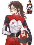  1girl absurdres biker_clothes black_gloves black_shirt blue_eyes breasts brown_hair claire_redfield commentary cosplay cowboy_shot elza_walker elza_walker_(cosplay) fingerless_gloves gloves helmet highres holding holding_unworn_helmet long_hair long_sleeves looking_to_the_side medium_breasts motorcycle_helmet mouren_(xhs_49290932958) multicolored_shirt pants parted_lips ponytail red_nails red_pants red_shirt reference_inset resident_evil resident_evil_2 shirt simple_background solo teeth untranslatable_commentary unworn_headwear unworn_helmet white_background white_shirt 