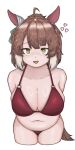  1girl 7aorca absurdres ahoge animal_ears belly bikini breasts brown_hair cleavage commentary cowboy_shot dantsu_flame_(umamusume) ear_covers heart heart-shaped_pupils highres horse_ears horse_girl horse_tail large_breasts leaning_forward looking_at_viewer multicolored_hair navel open_mouth plump red_bikini short_hair simple_background smile solo swimsuit symbol-shaped_pupils tail two-tone_hair umamusume untranslatable_commentary white_background white_hair 