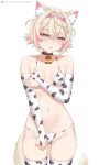  1girl absurdres animal_ear_fluff animal_ears animal_print ass_visible_through_thighs bandaid bandaid_hair_ornament bell bikini blonde_hair blue_eyes breasts bridal_gauntlets commentary cow_print cow_print_bikini cow_print_bridal_gauntlets cow_print_thighhighs cowbell cowboy_shot crossed_bangs dog_ears dog_girl dog_tail double-parted_bangs fake_horns hair_between_eyes hair_intakes hair_ornament hairband highres hololive hololive_english horn_hairband horns kershok looking_at_viewer mococo_abyssgard multicolored_hair navel neck_bell open_mouth pink_hairband pink_streaks print_bikini print_bridal_gauntlets print_thighhighs short_hair simple_background small_breasts solo stomach streaked_hair swimsuit tail thighhighs two_side_up virtual_youtuber white_background white_bikini white_bridal_gauntlets white_thighhighs x_hair_ornament 
