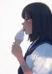  1girl absurdres black_eyes black_hair blue_sailor_collar blurry blush commentary_request depth_of_field food from_side higashiyama_shou highres holding holding_ice_cream_cone ice_cream ice_cream_cone licking_food looking_afar looking_ahead original profile sailor_collar school_uniform serafuku short_hair simple_background soft_serve solo sweat tongue tongue_out upper_body white_background 