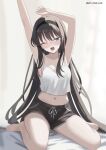  1girl :o arms_up art_crab barefoot black_hairband black_shorts blue_eyes blush breasts camisole character_request commentary commission copyright_request crop_top drawstring full_body hairband highres long_hair medium_breasts midriff morning navel on_bed open_mouth short_shorts shorts sitting sleepwear solo straight_hair stretching tied_drawstring twitter_username very_long_hair waking_up wariza white_camisole 