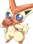  blush bodily_fluids brown_body butt_wings chubby_female cum cum_on_face disembodied_penis doneru erection fangs fellatio female genital_fluids genitals hi_res holding_penis legendary_pok&eacute;mon looking_aside looking_at_viewer male nintendo oral orange_body penile penis penis_in_mouth pok&eacute;mon pok&eacute;mon_(species) pussy sex solo sweat vein victini video_games wings 