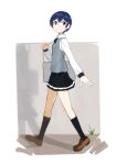  1girl bag black_bow black_bowtie black_skirt black_socks blue_eyes blue_hair blue_sweater_vest bow bowtie brown_shoes commentary_request dress_shirt from_side full_body highres holding holding_bag larry_(anjisbai) long_sleeves miniskirt oosawa_yuu pleated_skirt ramen_daisuki_koizumi-san school_bag shirt shoes short_hair sideways_glance skirt socks sweater_vest turning_head very_short_hair walking white_shirt 