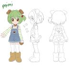  1girl 2000s_(style) animal_ears bad_id bad_twitter_id bananafryapple blue_overalls bone bone_hair_ornament bone_ornament boots brown_boots brown_eyes character_name collar detached_sleeves dog_ears dog_girl dog_tail from_behind from_side full_body green_hair hair_ornament highres multiple_views original overalls paw_print reference_sheet short_side_ponytail side_ponytail socks solo striped_sleeves tail white_background white_socks 