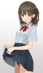  1girl breasts brown_eyes brown_hair carrot_hair_ornament clothes_lift food-themed_hair_ornament hair_ornament highres looking_at_viewer one_side_up original school_uniform shirt skirt skirt_lift small_breasts smile solo swimsuit swimsuit_under_clothes white_shirt yoropa 