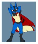  anthro black_body black_fur black_head_tuft black_inner_ear blue_background blue_body blue_ears blue_fur chest_tuft elbow_tuft facial_scar featureless_crotch front_view fur hands_behind_head head_tuft hi_res leg_markings looking_at_viewer lucario male markings martinballamore nintendo pok&eacute;mon pok&eacute;mon_(species) pose red_cape red_eyes scar shoulder_tuft simple_background socks_(marking) solo standing tuft video_games yellow_body yellow_fur yellow_tail 