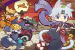  4boys animal_ear_headwear animal_ears bird black_eyes black_fur black_gloves black_pants black_sash black_shirt blue_eyes body_fur brown_eyes brown_fur cat_boy cat_ears cat_tail colored_sclera commentary_request curtained_hair domino_mask eye_mask fang fingerless_gloves forehead_protector furry furry_male gloves gourd grey_hat grey_scarf hat hat_with_ears holding holding_kunai holding_weapon kemonomimi_mode kunai leaf leaf_on_head looking_at_viewer mask matazou_(puyopuyo) mouth_mask multiple_boys ninja_mask obi official_alternate_costume official_style orange_pants orange_shirt pants parted_lips pimyuhuwa puyopuyo puyopuyo_quest red_sash red_sclera sandals sash scar scar_across_eye scar_on_face scarf schezo_wegey schezo_wegey_(ninja) shirt shuriken slit_pupils standing standing_on_one_leg sukomaru_(puyopuyo) sun tail toranosuke_(puyopuyo) twitter_username weapon whiskers white_hair yellow_fur yellow_sash zouri 