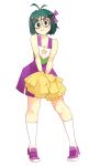  1boy antenna_hair bare_arms blush bow cheerleader closed_mouth crossdressing dress embarrassed full_body glasses green_hair hair_bow hakamichi_hideaki katawa_shoujo kneehighs male_focus otoko_no_ko pom_pom_(cheerleading) purple_bow purple_dress purple_footwear rtil short_hair socks solo standing wavy_mouth 