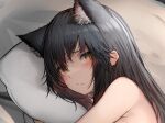  1girl animal_ears arknights black_hair blush extra_ears highres looking_at_viewer lying nude on_bed on_side paid_reward_available pillow portrait red_hair solo tab_head texas_(arknights) wolf_ears yellow_eyes 