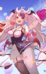  1girl ahoge asymmetrical_legwear balloon black_thighhighs breasts choker cleavage commentary demon_girl demon_horns demon_wings hair_ornament head_wings heart heart_ahoge heart_balloon heart_hair_ornament heart_o-ring heart_ring_choker heterochromia highres horns ironmouse ironmouse_(15th_costume) jacket long_hair looking_at_viewer mismatched_legwear multicolored_hair multicolored_skirt multiple_wings nyame_(jujs7258) o-ring o-ring_choker pantyhose pink_choker pink_eyes pink_hair pink_jacket pointy_ears purple_eyes purple_hair skirt spiked_choker spikes streaked_hair thighhighs thighs twintails virtual_youtuber vshojo white_horns white_pantyhose wings 