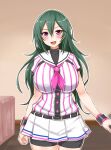  1girl baseball_uniform belt bike_shorts bike_shorts_under_skirt black_belt blush breasts cinderella_series commentary_request cowboy_shot green_hair hachigatsu_no_cinderella_nine hair_between_eyes highres hiiragi_kotoha indoors large_breasts long_hair neckerchief open_mouth pink_neckerchief purple_eyes sailor_collar satogahama_baseball_uniform seikonsuco2 shirt shirt_under_shirt short_sleeves skirt solo sportswear striped_clothes striped_shirt vertical-striped_clothes vertical-striped_shirt white_sailor_collar white_skirt wristband 